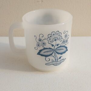 Vintage Milk Glass Glassbake Blue Onion Coffee Tea Mug with Blue Floral Design